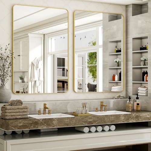Gold Rectangular Bathroom Mirror - 30x48 Inch Wall-Mounted Vanity Mirror - Rounded Corners