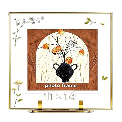 CAQ 11x14 Brass Floating Picture Frame - Vintage Glass Tabletop Display