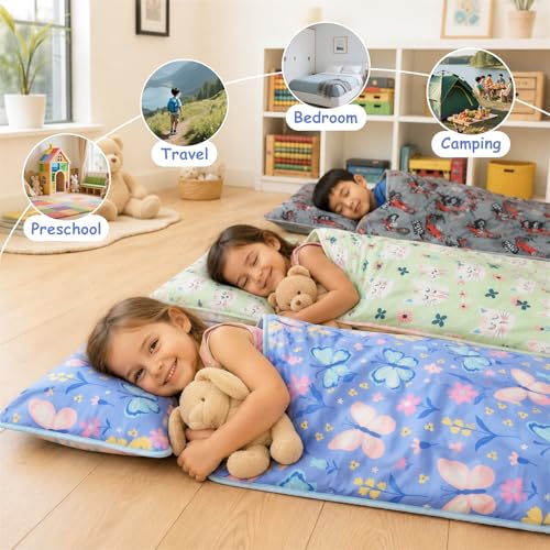 Kids Nap Mat with Pillow & Blanket - Purple Butterfly Toddler Sleep Set