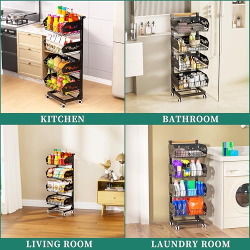 Black 4-Tier Removable Rolling Snack Cart with Wheels - Kitchen Storage