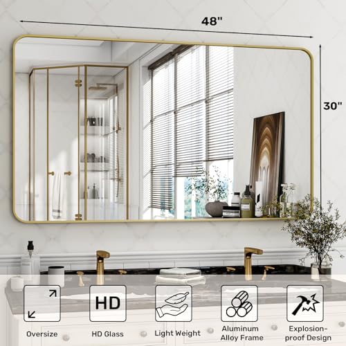 Gold Rectangular Bathroom Mirror - 30x48 Inch Wall-Mounted Vanity Mirror - Rounded Corners