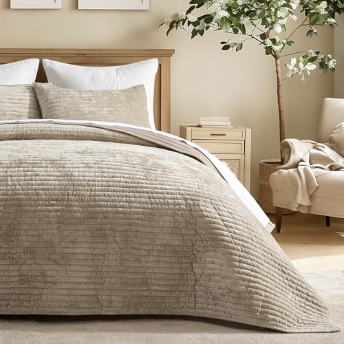 EverGrace King Size Velvet Quilt Set Beige Taupe Luxury Channel Stripe Bedding