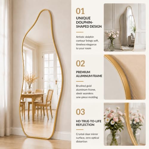 TinyTimes Gold Dolphin Full Length Wall Mirror 48x16 Inches - Modern Organic Design