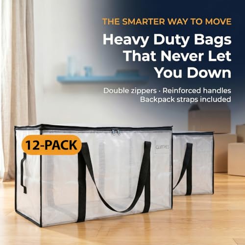 Heavy Duty Moving & Storage Bags with Lids - 12 Pack, Clear, 29" x 13" x 14" - Large Capacity, Reusable Organizers