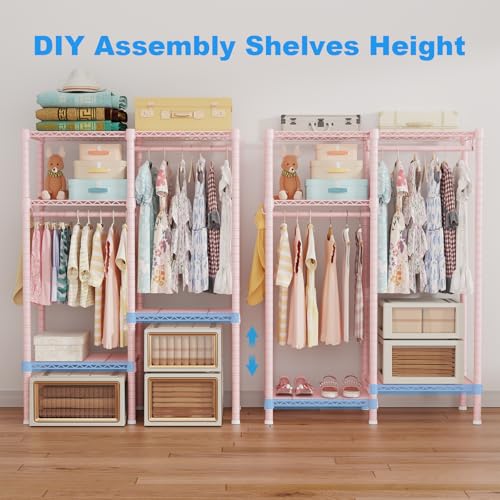 Pink Kids Clothes Rack with 4 Tiers, Metal Garment Organizer for Children's Room