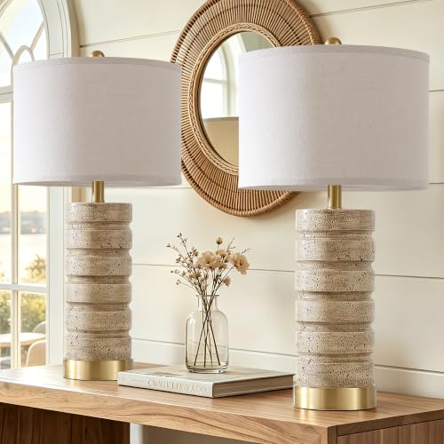 AIEAMPDO 26-Inch Set of 2 Travertine Resin Table Lamps with Brass Bases - Warm Beige