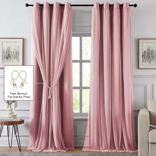 Pink Double Layer Blackout Curtains - 84 Inch Length, Pack of 2, 52 Inch Wide