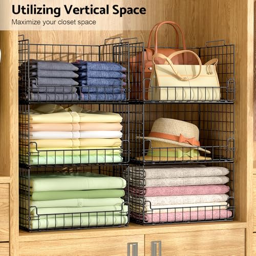 Black 4-Tier Stackable Closet Organizer Bins - Foldable Metal Storage Shelves