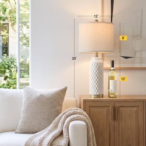 USumkky 25'' Touch Table Lamp - White Ceramic Nightstand Lamp with 3-Way Dimmable, Includes 2 LED Bulbs, Modern Farmhouse Style