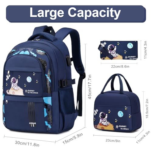 ACESAK Astronaut Backpack Set for Boys with Lunch Bag, 3-Piece Blue School Backpack