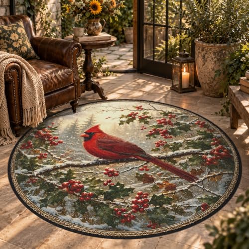 OneNewwish Multi Color Cardinal Bird Round Rug 3.3ft Washable Non Slip Bedroom Living Room Entryway Decor