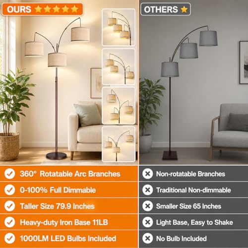Nintiue Dimmable Arc Floor Lamp with Beige Linen Shades - Brown, 3 Lights, Tall Modern Standing Lamp for Living Room & Bedroom