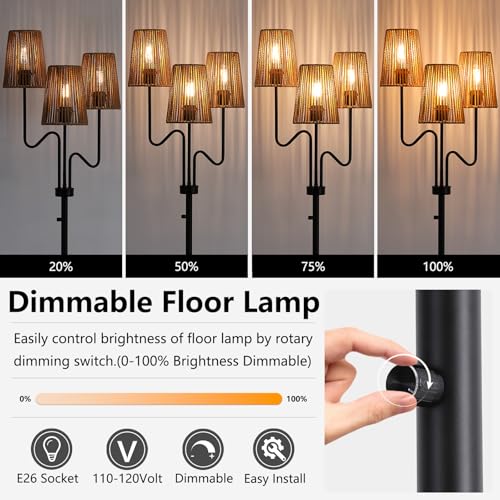 Black Farmhouse Boho Dimmable Floor Lamp with Rattan Shade - 68" Tall, 3-Light, E26 LED Bulb Included
