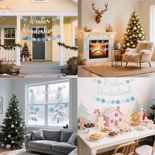 Winter Wonderland Banner, Pre-Strung Christmas Banner for Mantle, Glitter Snowflake Banner, Winter Wonderland Sign for Winter New Year Xmas Party Fireplace Hanging Supplies