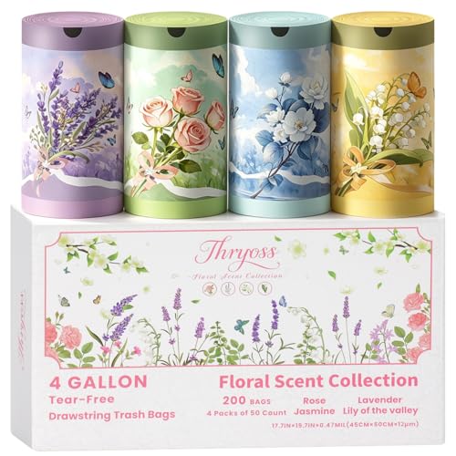 Multicolor Floral Scented Garbage Bags 4 Gallon Drawstring Pack of 4 - Lavender, Jasmine, Rose, Lily of the Valley