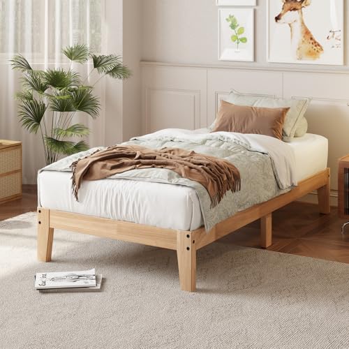 Twin Size Solid Wood Platform Bed Frame 12 Inch Noise-Free Support - Natural Finish