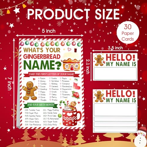 MJSXY Gingerbread Man - Christmas Family Party Game Sign + Name Tags (What’s Your Gingerbread Name) — 5x7 sign, 3.5x2.1 stickers, dual-sided