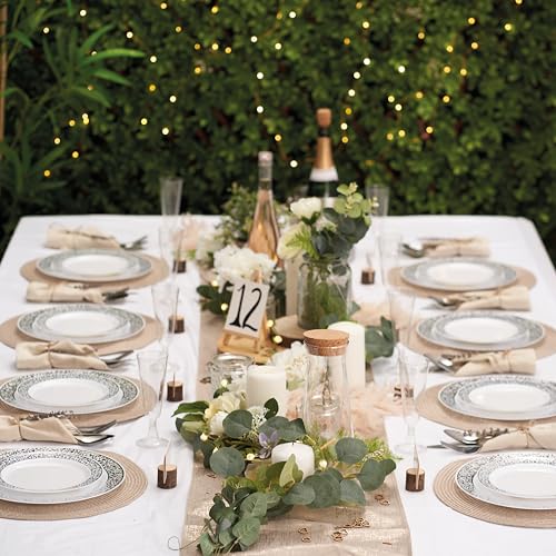 MATANA White & Silver 40-Piece Plastic Plate Set - Dinner & Salad, Reusable, Elegant