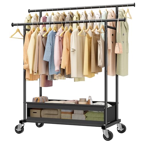 Black Clothes Rack 210 LBS Double Rods with Storage Basket - Space Saving Garment Organizer