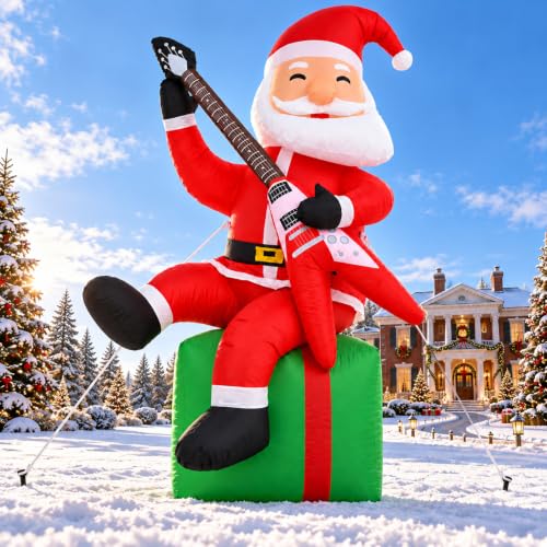 Paeyeq 5FT Christmas Inflatable Santa with Guitar - Outdoor Holiday Decor, Red & Green Variant
