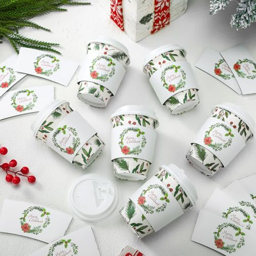 100 Set Christmas Disposable Coffee Cups with Lids Sleeves 14 oz Mug