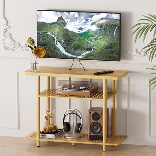 Natural Bamboo Small TV Stand for Up to 32 Inch - 3-Tier Entryway Console Shelf