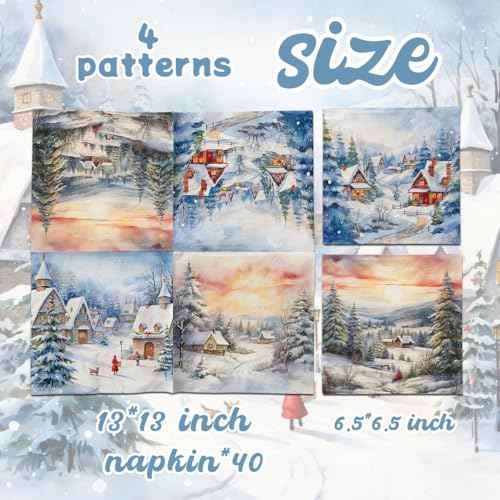 Winter Wonderland Decorations-40pcs Winter Wonderland Napkins Christmas Snow House Paper Napkins, Winter Landscape Villa Snow House Scene Paper Napkins for Xmas Holiday Party Supplies