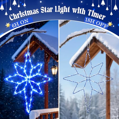 Hiboom Blue 2 Pack 16-Inch Christmas Star Window Lights with Timer & 8 Modes