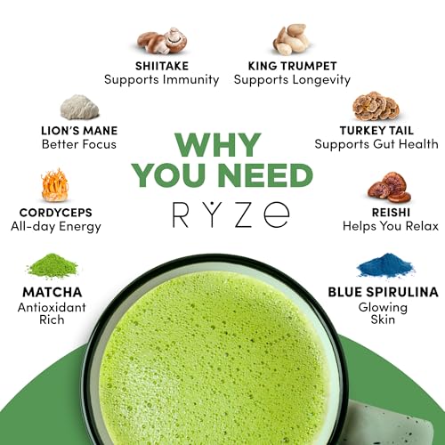 RYZE Organic Mushroom Matcha 6 Adaptogenic Mushrooms - 6.33 oz Pack