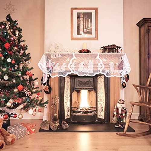 Tegeme Christmas Fireplace Scarf White Lace Jesus Garland Decoration Christmas White Lace Jesus Garland Scarf Fireplace Cloth Indoor Christmas Decorations for Home Living Room, 20 x 90 Inches