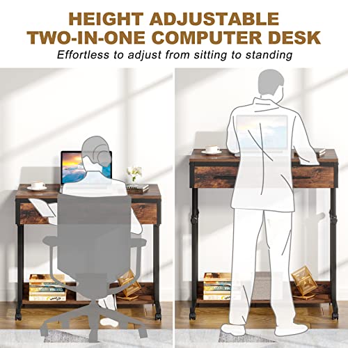 Tribesigns Brown Portable Adjustable Desk with Drawers & Wheels