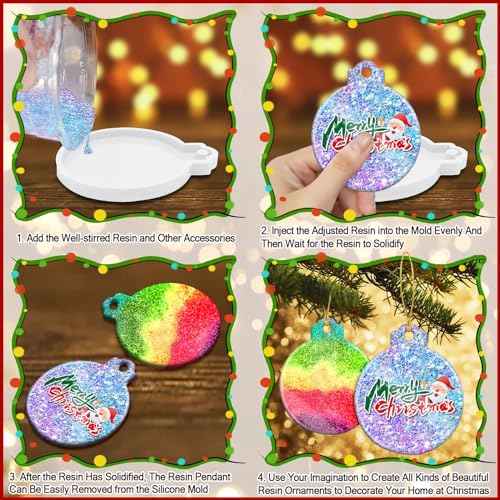 FEBSNOW 4PCS Christmas Ornaments Resin Molds Round Silicone Resin Ornaments Molds with Strings Epoxy Pendant Casting Molds for Resin Resin Molds Silicone for DIY Crafts Making Holiday Xmas Home Decor