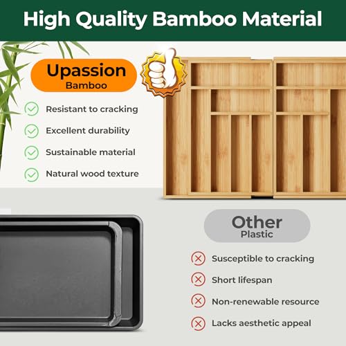 Large Silverware Organizer with 13 Slots - Natural Bamboo Expandable Drawer Divider, Adjustable from 21 to 37.4 Inches – Natural Finish