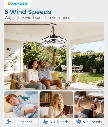 VOLISUN Black 19.7-Inch Outdoor Ceiling Fan with Light, Dimmable, Weatherproof, Remote & App Control