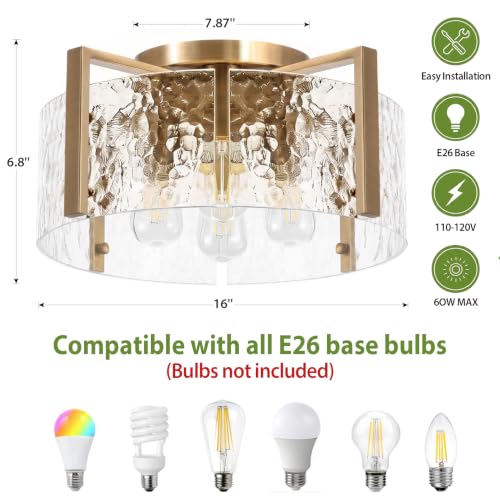 16'' Gold Semi Flush Mount Ceiling Light, 4-Light Glass Drum Light