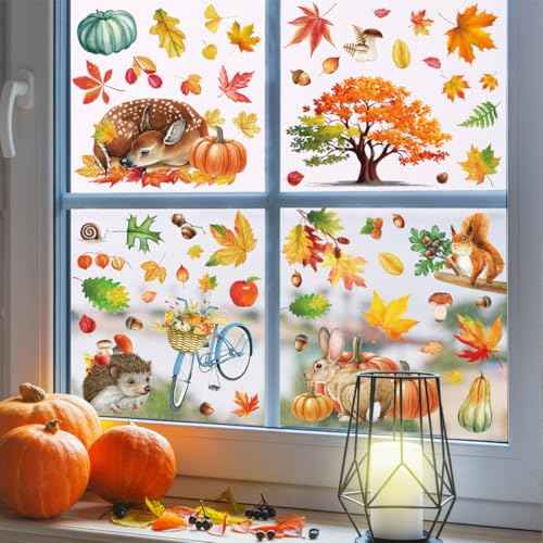Fall Window Clings,Autumn Window Clings,Thanksgiving Decorations,9 Sheets Double-Side Pumpkin Leaves Window Stickers for Autumn Harvest Thanksgiving Home Party Shop Display Decoration
