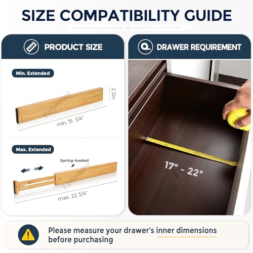 Fabsome Bamboo Drawer Dividers 6 Pack for 17-22 inch Deep Drawers - Adjustable Nursery & Clothing Organizer