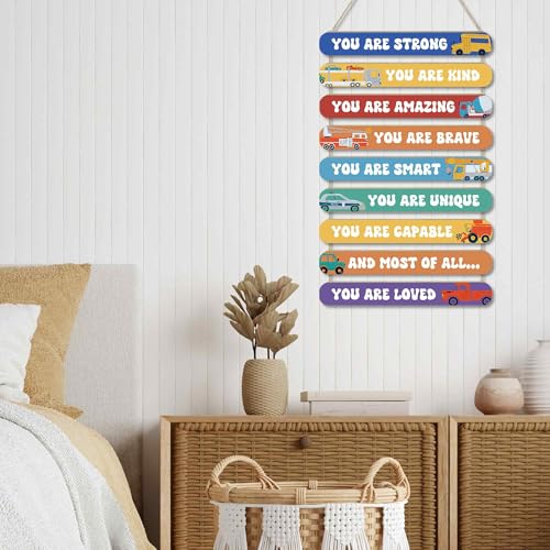 MONALET Inspirational Construction Cars Wall Art Decor for Boys Room Nursery Baby Kids Playroom Bedroom Door, Motivational Hanging Wood Signs Decorations, Positive Affirmations Wooden Plaque, 12x19