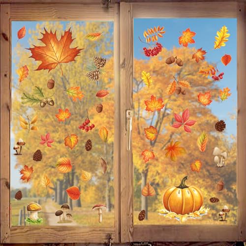 Afmivs Fall Window Clings Variation: Fall Window Clings 71pcs Maple Leaf & Pumpkin Decor for Classroom Office Home