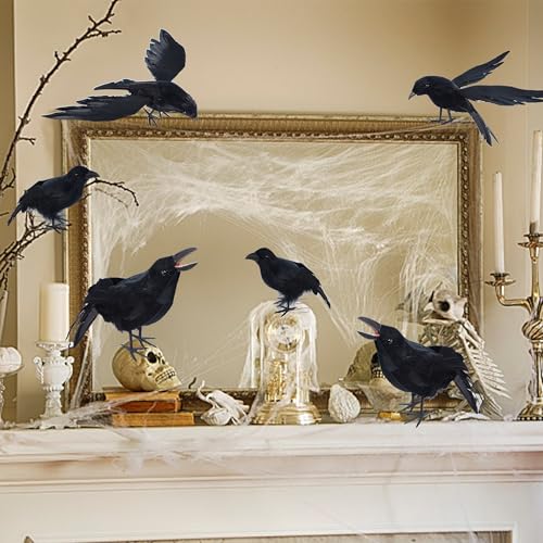 YOFIT 6 Pack Halloween Fake Crow Decorations - Realistic Black Crow Props, Style 2