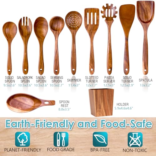 HOWHONG 11-Piece Acacia Wood Cooking Utensils Set with Spoon Rest & Holder