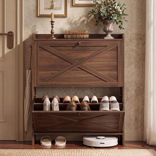 VASAGLE Narrow Shoe Storage Cabinet Organizer Chestnut Walnut, 2 Flip Drawers