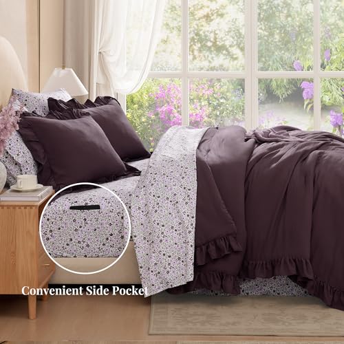 BLOOMHAVEN Full Size Comforter Set 7 Pieces Dark Purple Floral Ruffle Bedding