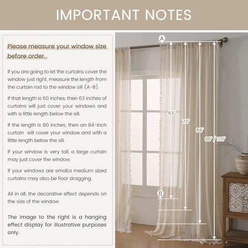 WAZZIO 2-Pack Boho Crochet Lace Curtains 59"W x 84"L Beige Light Filtering Drapes