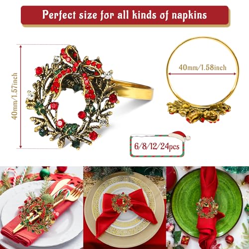 Legigo 24-Piece Christmas Wreath Napkin Ring Set — Metal Xmas Napkin Holders for Cloth Napkins