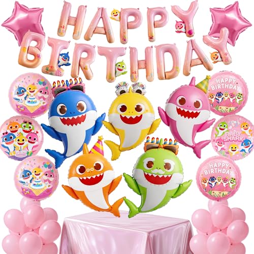 Pink Baby Shark Foil Balloon Set - 37pcs Birthday Party Decorations with Star and Letter Balloons