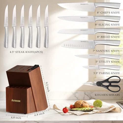 Elegant Walnut Pro Full Tang 15-Piece Kitchen Knife Set with Sharpener & Block