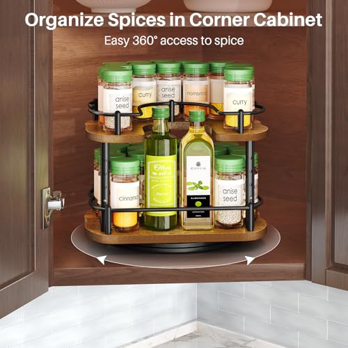Vintage Curved Spice Organizer Lazy Susan - 10 Inch D-Shape Wooden Rack