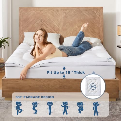 King Mattress Topper - White Thick Pillow Top Bed Cover, Soft Cooling Bedding