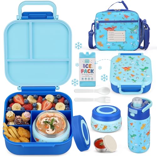 Zeekala Kids Bento Lunch Box Set with Insulated Soup Thermo & Water Bottle - Blue Dinosaur